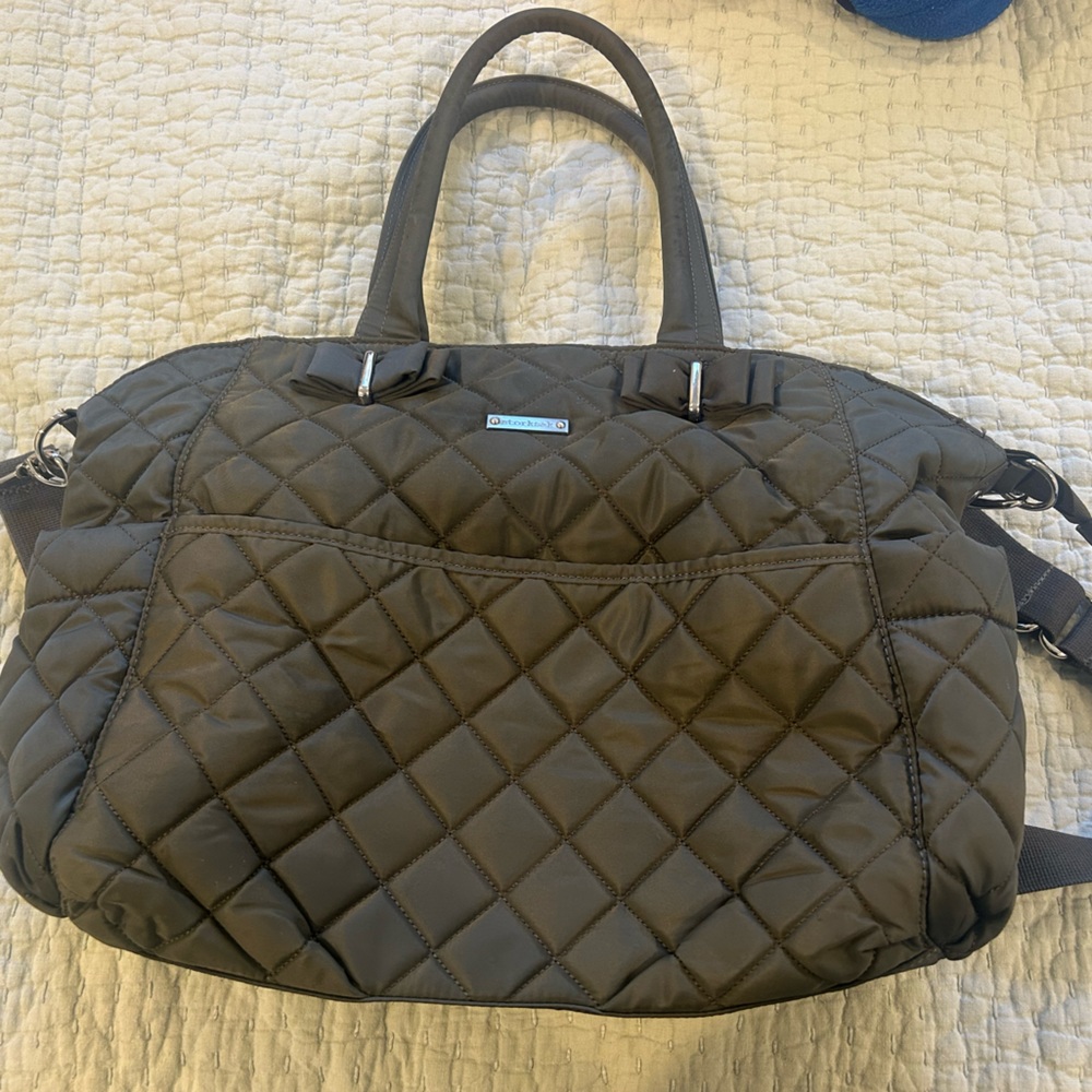 Storksak Quilted Diaper Bag, Gray/ Green.